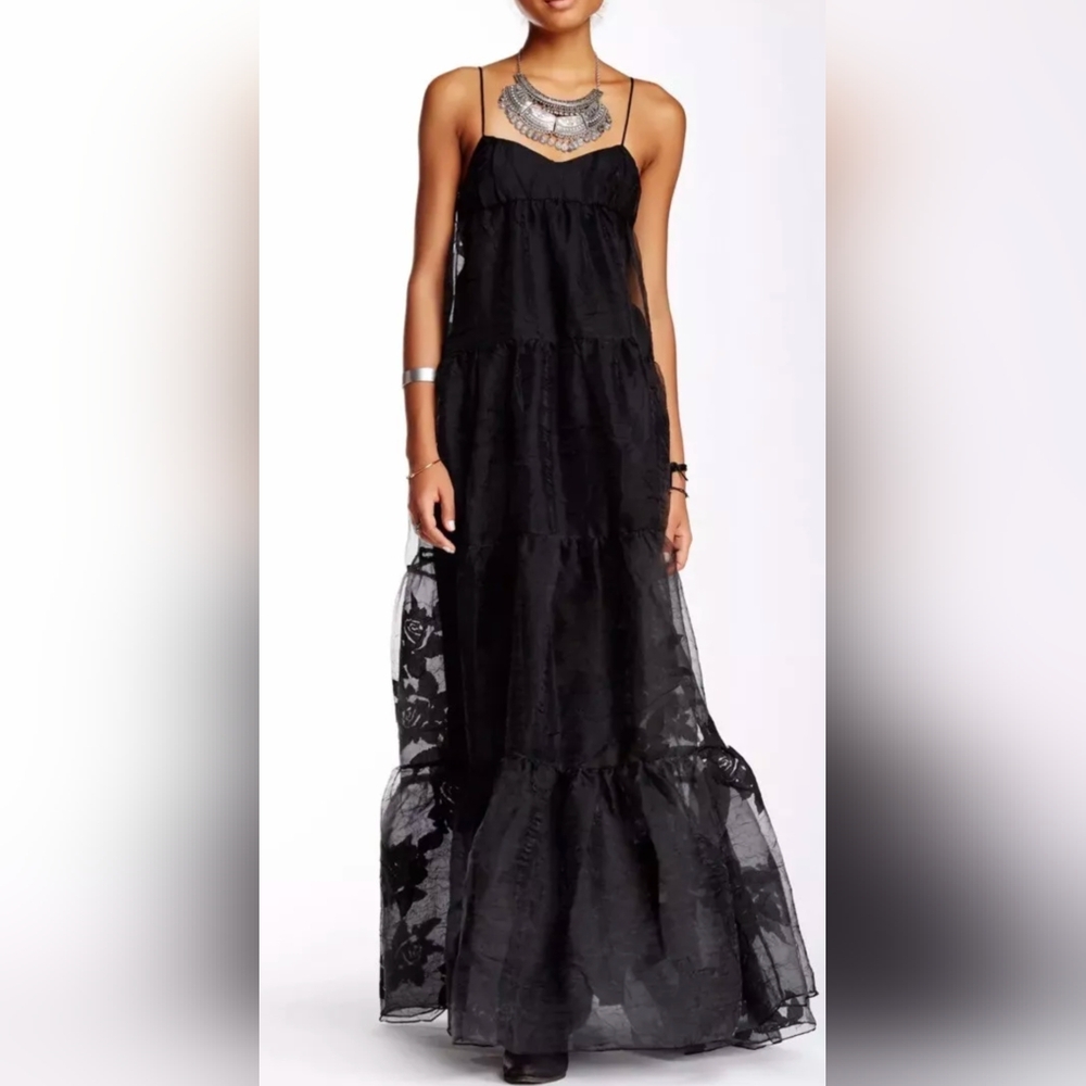 Free People Black Rose Tiered Layered Overlay Maxi Dress 0